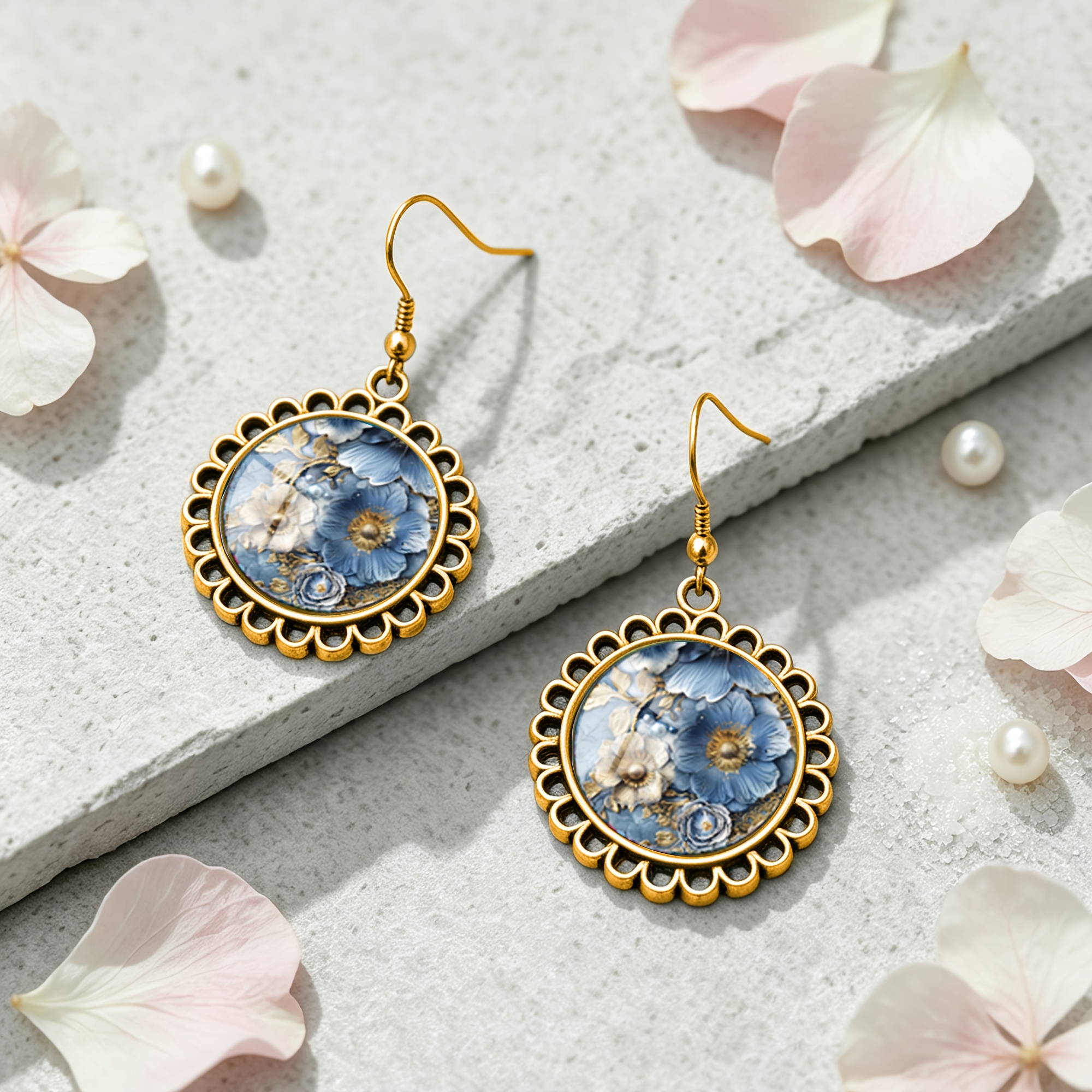 Blue & White Vintage Floral Pattern Round Earrings